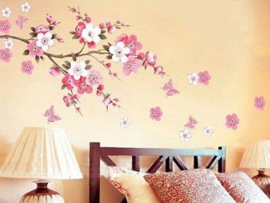 15 Zimmerdekoration für Mädchen Kirschbaumzweig mit Blumen in Pastellfarben an die Wand gezeichnet