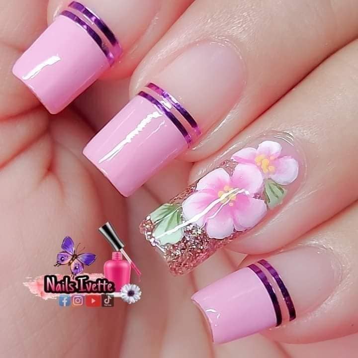 171 Nails with Pink Flower Designs Bright Violet Lines Transparent Encapsulation of Flowers