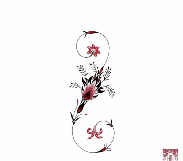 2 TOP 2 Skizzen-Tattoo-Vorlage Blume in Rot und Schwarz mit Spiralen an den Spitzen