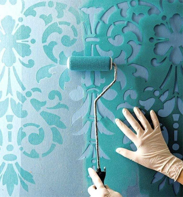2 TOP 2 Designs and Wall Decoration with turquoise roller stencils for floral arabesque figures