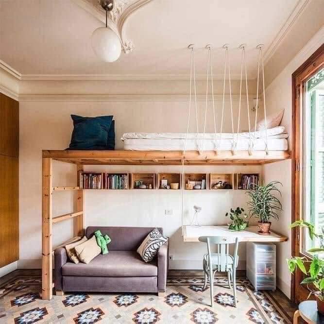 20 Camas Elevadas para ambientes con poco espacio hecha con madera y sogas para sostenerlo escritorio debajo