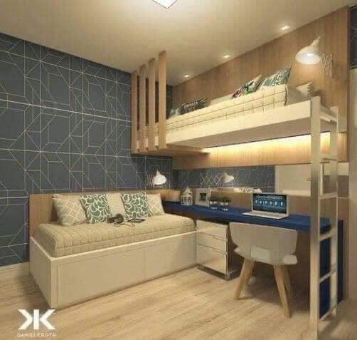 21 Camas Elevadas para ambientes con poco espacio con sillon y escritorio debajo cama para visitas