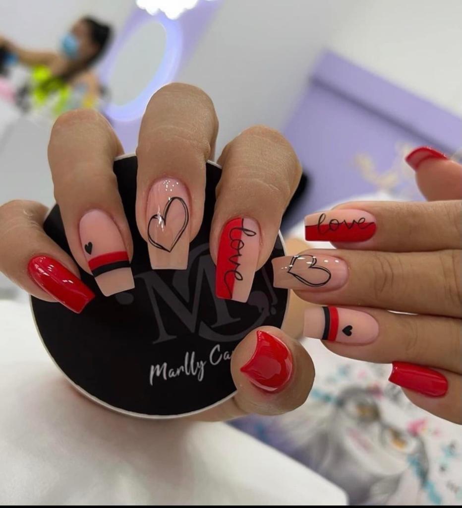 217 Pink and Red Patterned Nails with Black Hearts word Love