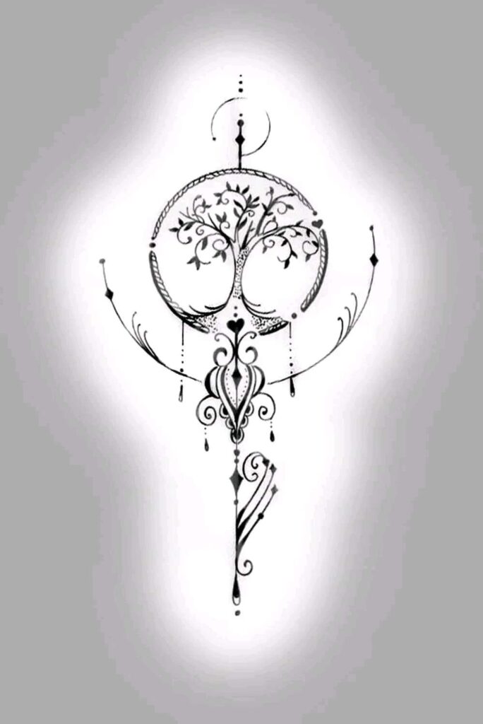 230 Skizzenvorlage Tattoo-Kreis mit Baum des Lebens in Ornamenten
