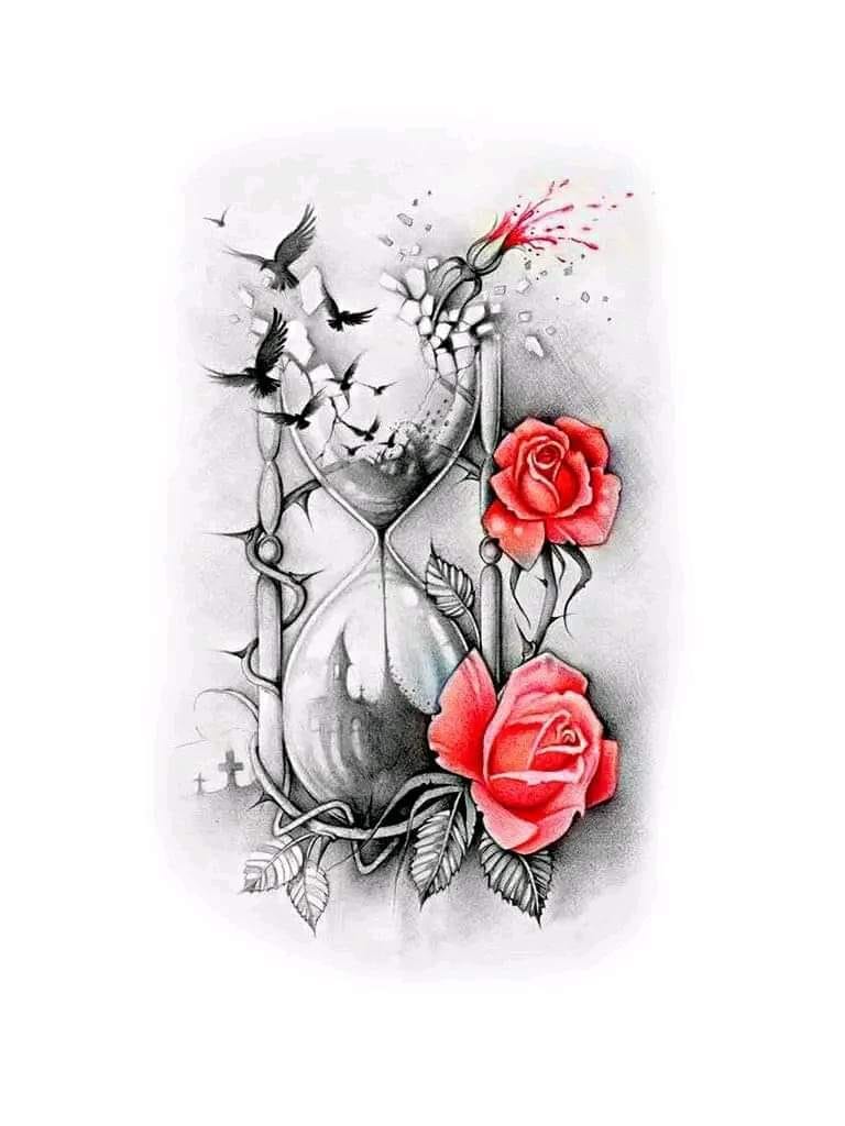 235 Boceto Plantilla Tatuaje Dos Rosas Rojas Reloj de Arena Aves de rapinia rompiendo el reloj