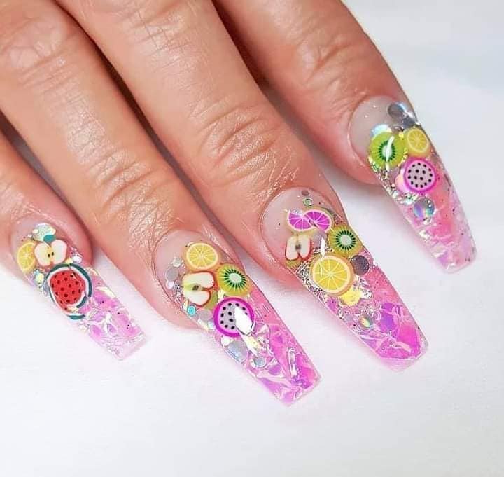 27 Nails with purple encapsulated drawings on transparent and fruits orange kiwi apple watermelon