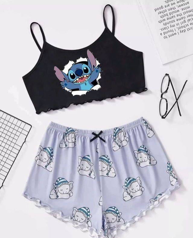 295 Conjunto de Pijama Feminino com Top Costurado Preto com Imagem e Short com imagem de elefante azul claro