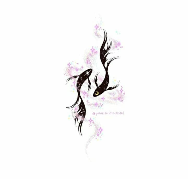 3 TOP 3 Sketch Koi Fish Tattoo Template forming a kind of yin Yang with a pale pink background of stars