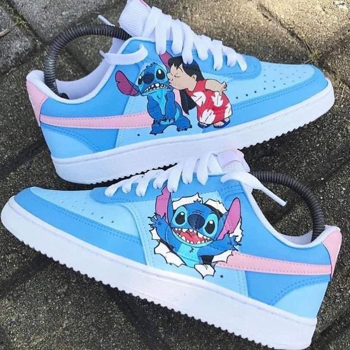 3 TOP 3 Stitch e Lilo Sneakers com stikers de desenho animado azul e rosa nike