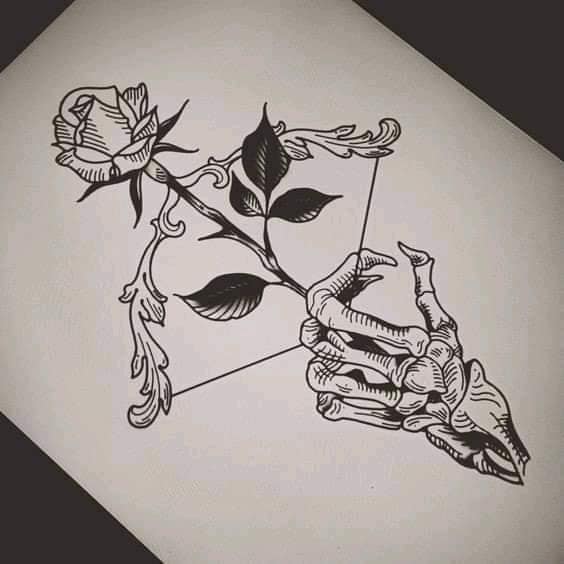 3 TOP 3 Tattoos mit Totenköpfen und schwarzen Rosen Skizzenvorlage einer Rose im Bogen mit Skeletthand, die den Bogen spannt