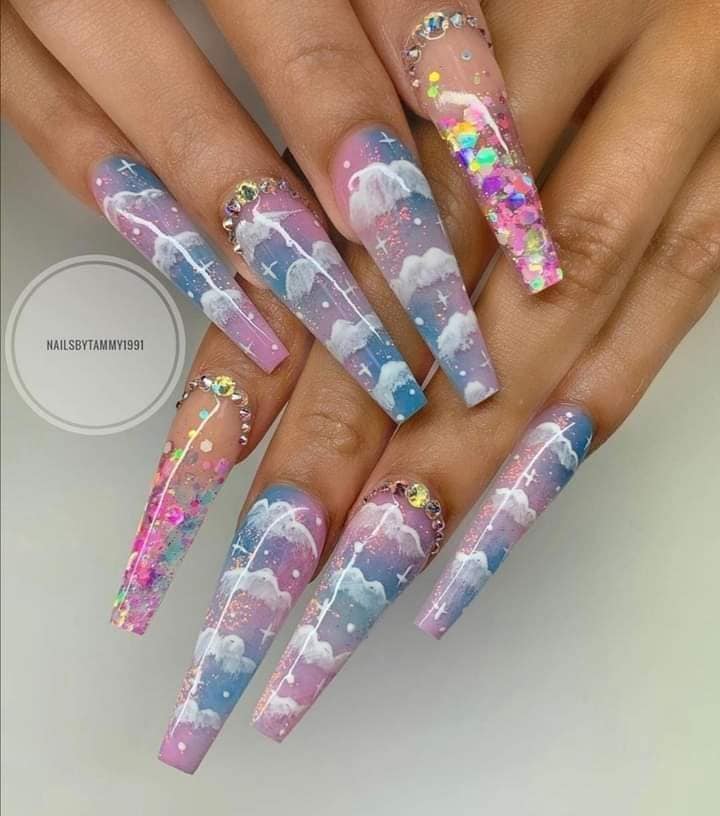 3 TOP 3 Nails with long Drawings with sky patterns, stars and clouds, multicolored gliter encapsulated rhinestones