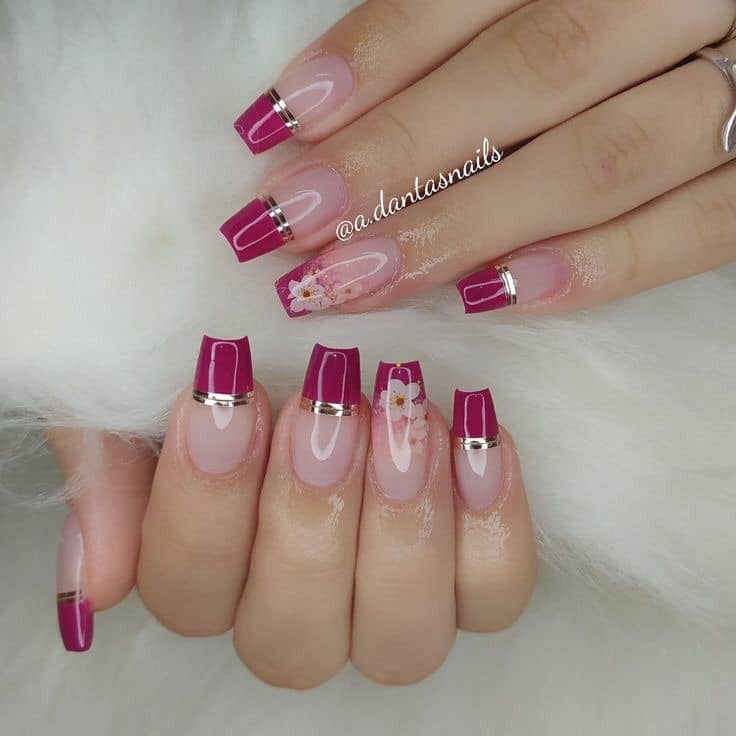 3 TOP 3 Colored Nails pink background with edge tips and silver sheets shiny pink flowers