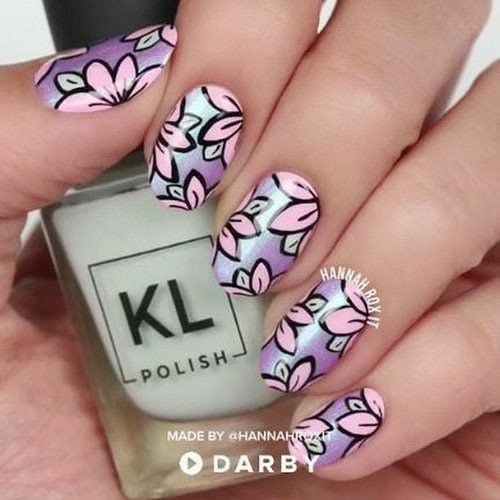 30 Nails Decorated with Dark Violet Flowers with Pink and White Flowers