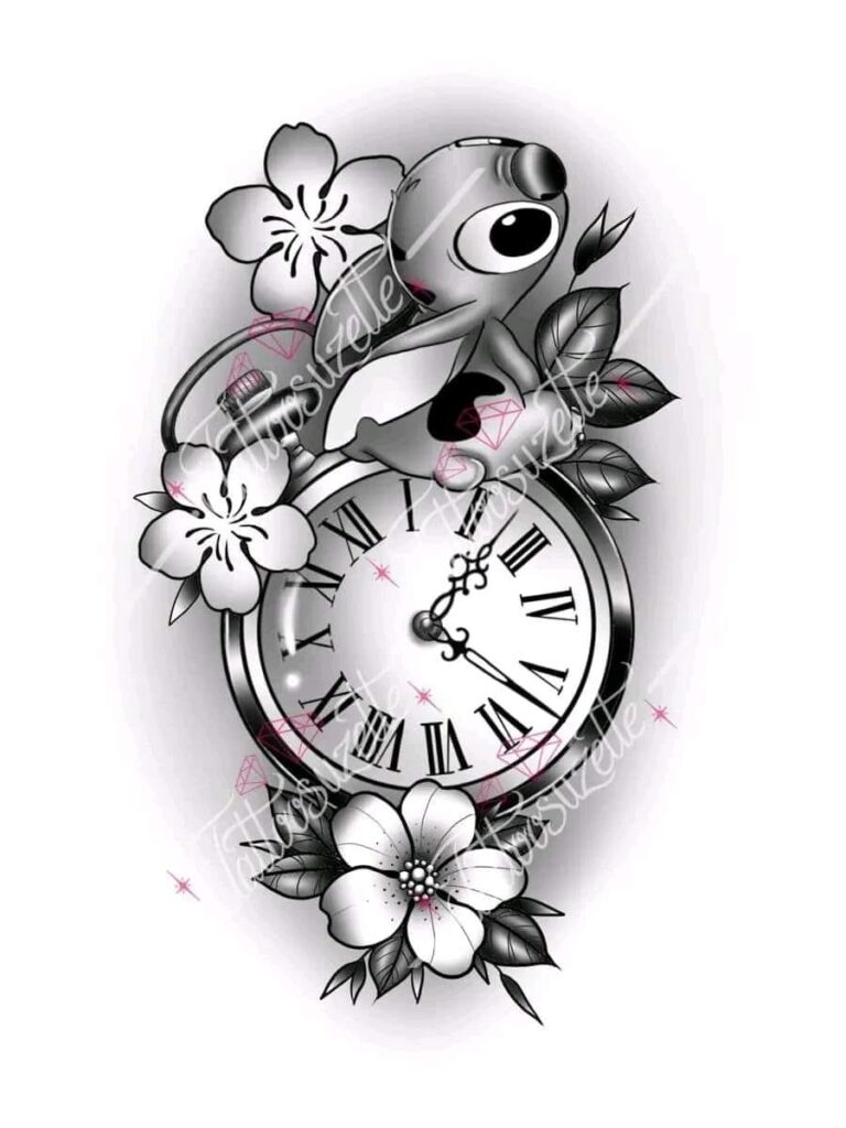 355 Boceto Plantilla Tatuaje Reloj con numeros romanos Flores Stitch en negro