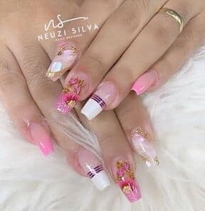38 Colored Nails bright violet sheets white tips pink flowers