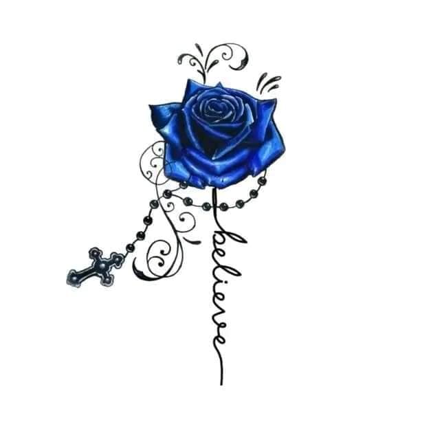 386 Boceto Plantilla Tatuaje Rosa Azul Rosario Palabra Believe Creer