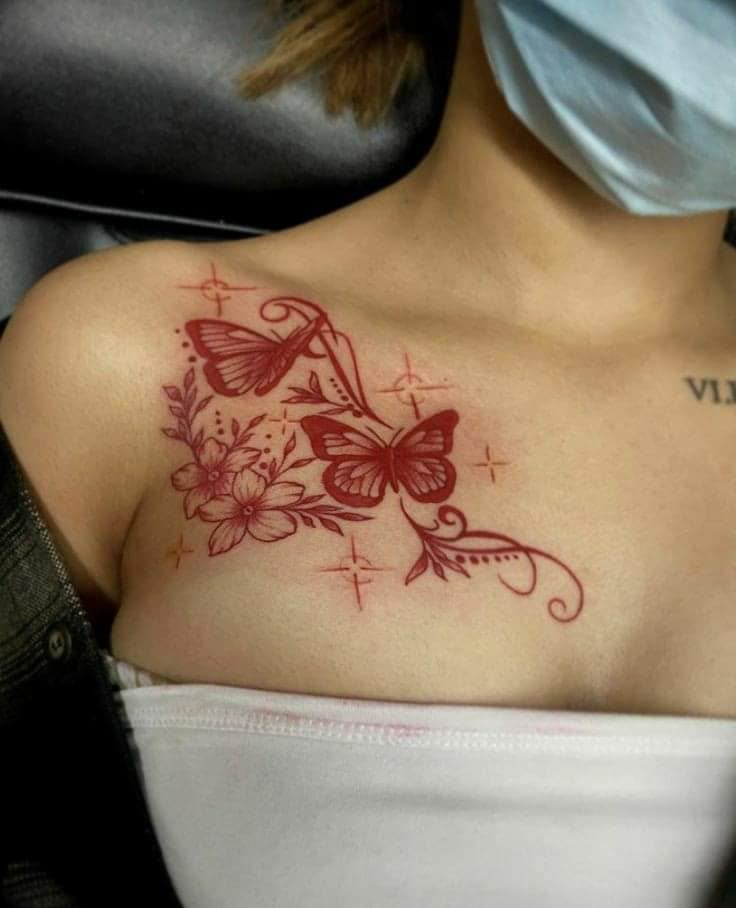 4 TOP 4 Tattoos with Red Ink on clavicle with flowers and ornaments