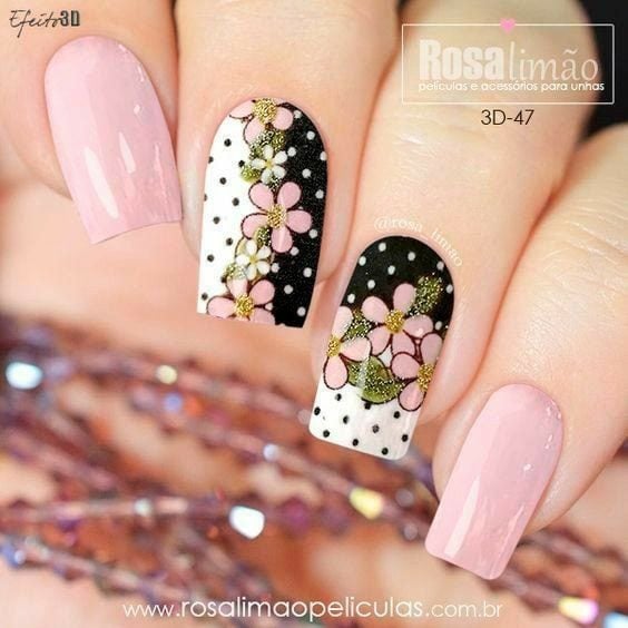 49 Nails Decorated with Light pink flowers with black and white polka dots and pink flowers gold glitter