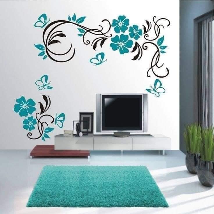 5 TOP 5 Wanddekoration, bemalt mit Schablone oder Vorlage, türkisfarbene Blumen und schwarze Zweige