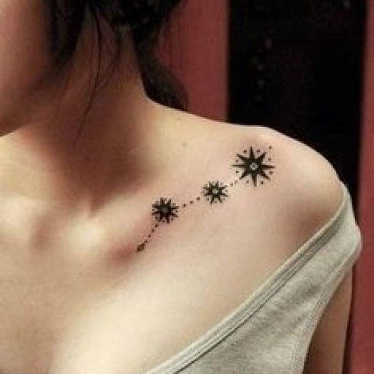 5 TOP 5 Tattoos on Clavicle and Shoulder Blade Woman three stars with points the largest near the shoulder