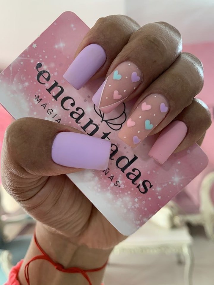 67 Nails with pink violet Drawings with hearts and colored dots