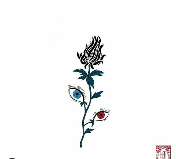 7 Skizzen-Tattoo-Vorlage Blume mit zwei Augen wie Blätter, eines rot, das andere hellblau, und einer schwarzen Distelblume