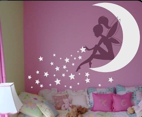 Decorazione per la camera delle 7 ragazze Parete viola con l'ombra di una fata seduta sulla luna e stelle bianche
