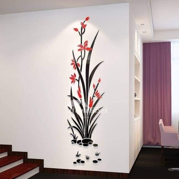 7 Wall decoration with a drawing of reeds in 3d relief made in laser cut with red flowers