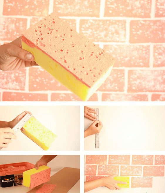 7 Designs and Decoration of Walls simulation of bricks painted with sponge orange color infographic