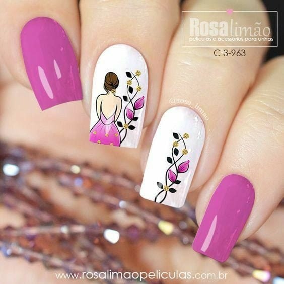 72 Nails Decorated with White Fuchsia Flowers with a drawing of a woman on her back