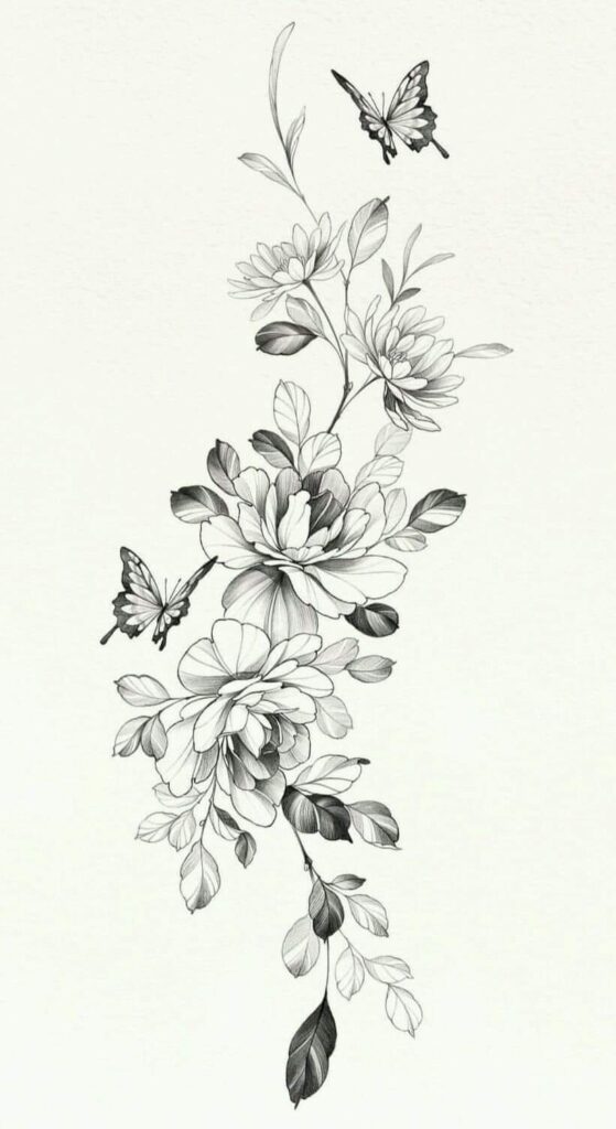 76 Skizzenvorlagen, Blumen, Blätter und Schmetterlinge mit Stiel
