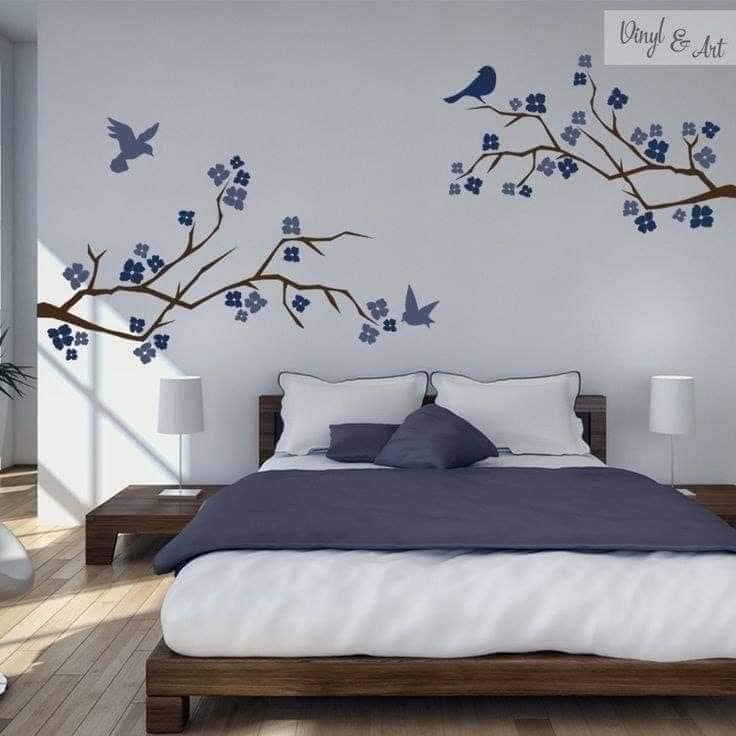8 Decoração de parede Base cinza tinta azul cinza de flores e pássaros e galhos marrons