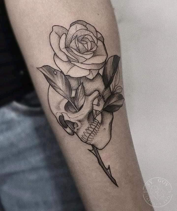 8 Tattoos of Skulls and Black Roses with leaves coming out of the eye sockets on the forearm