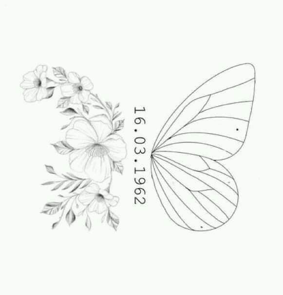 82 Boceto Plantilla Tatuaje dibujo de mariposa mitad ramitas de flores con fecha