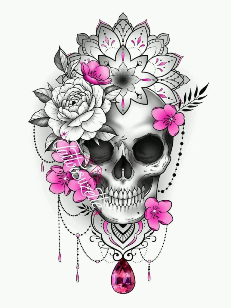 86 Sketches Templates Skull with Flowers and Gem in Black and Violet