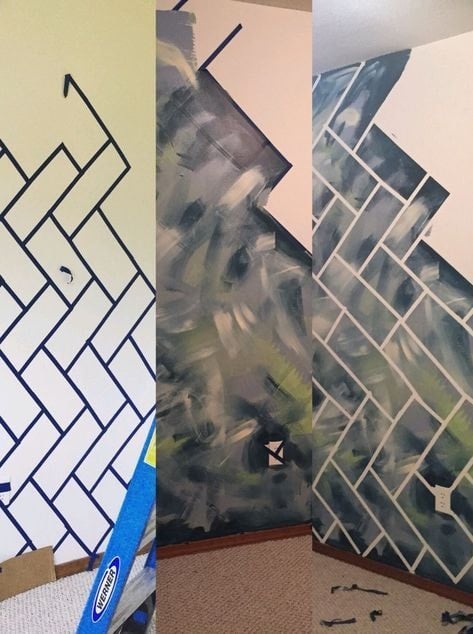 9 Gestaltung und Dekoration von Wänden, maskiert in Form eines Gitters und Malerei mit verschwommenen Pinselstrichen in Grün, Grau und Weiß
