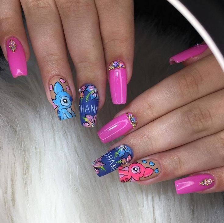 93 Stitch Nails with long square Fuchsia rhinestones and phrase OHANA leaves and flowers