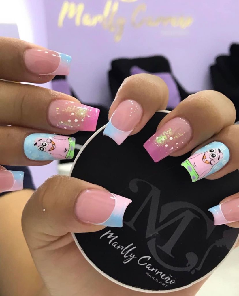 96 Pink Patterned Nails with SpongeBob Character