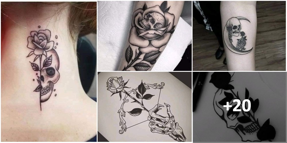 Collage-Tattoos von Totenköpfen mit schwarzen Rosen 1