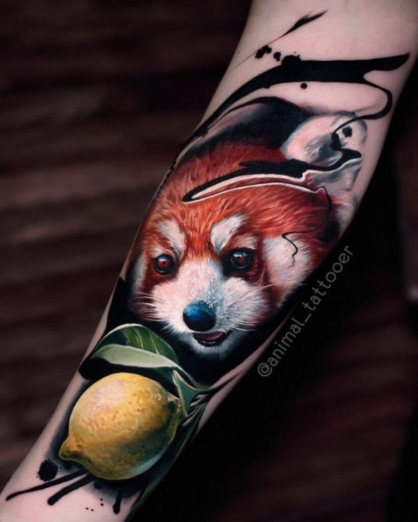 11 Realistic Raccoon tattoo on forearm with Lemon leaves and black watercolor behind