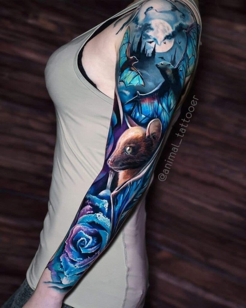 13 Full Color Full Sleeve Tattoo with Bats Blue Flowers Moon Castle Behind em tons de azul evocando drácula ou vampiros