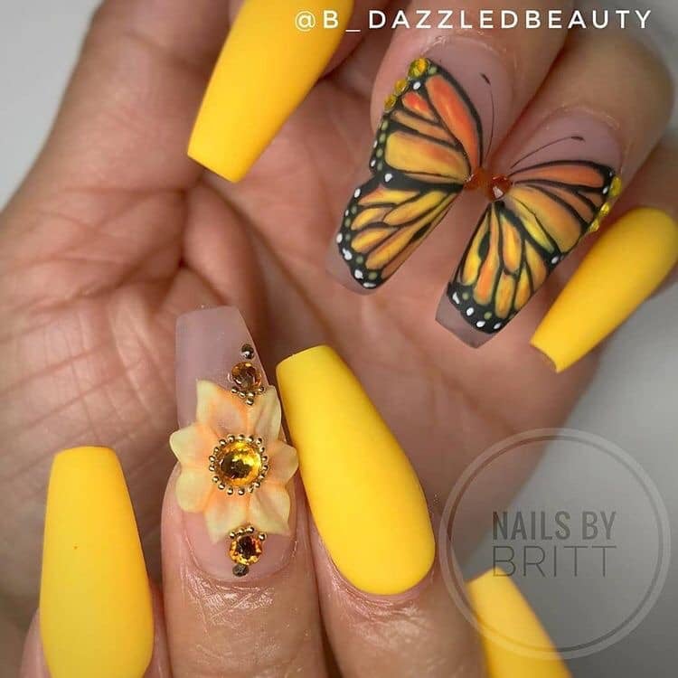 2 TOP 2 Yellow Nails with Sunflowers with large yellow rhinestones and emperor butterfly drawing