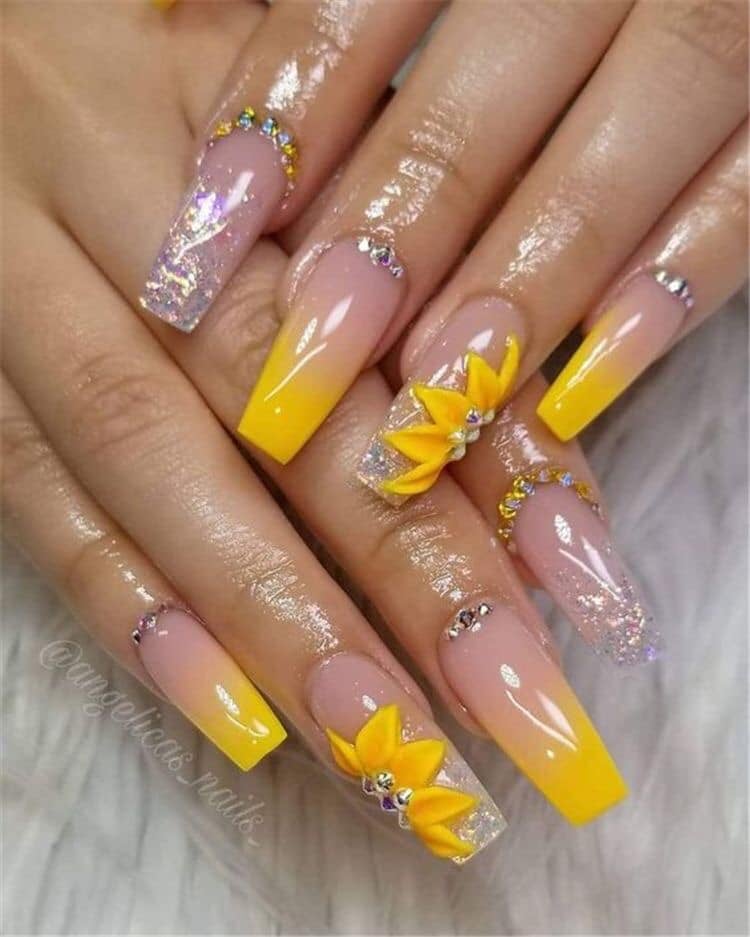 28 Natural Nails with natural gradient with Sunflowers and encapsulated iridescent glitter and rhinestones