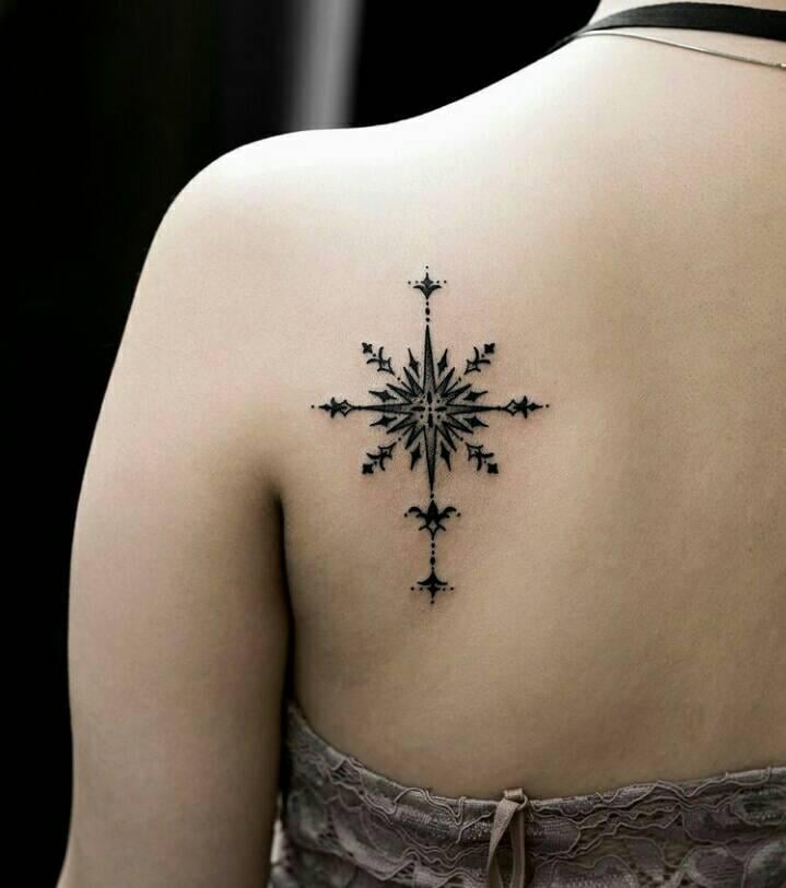 3 TOP 3 Black Tattoos Rose of the winds in the shape of a cross on the shoulder blade with rhombus and dot ornaments