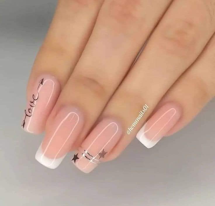 3 TOP 3 Elegant Pink Nails with fine silver lines stars word love in black line and white tips