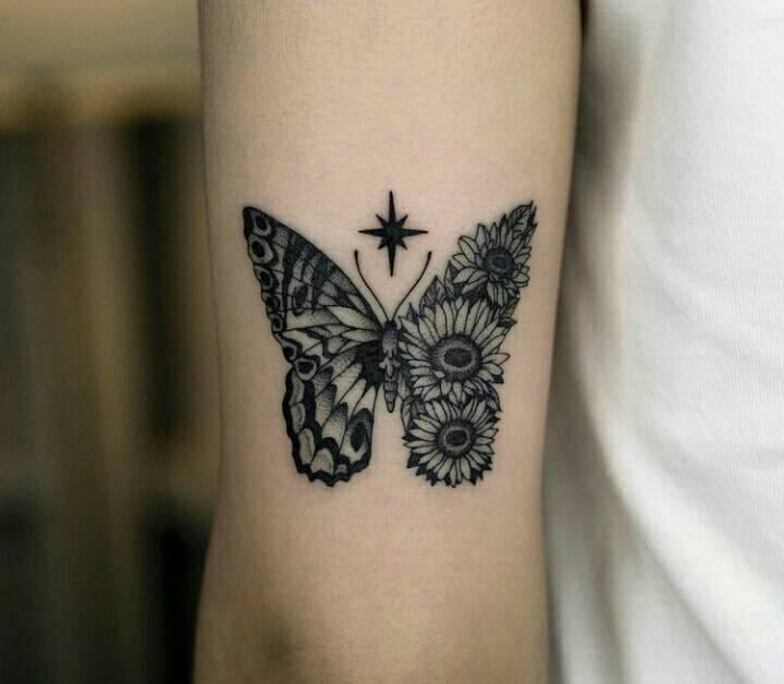 4 TOP 4 Black Tattoos Butterfly on the back of the arm with stars, sunflowers and drawings
