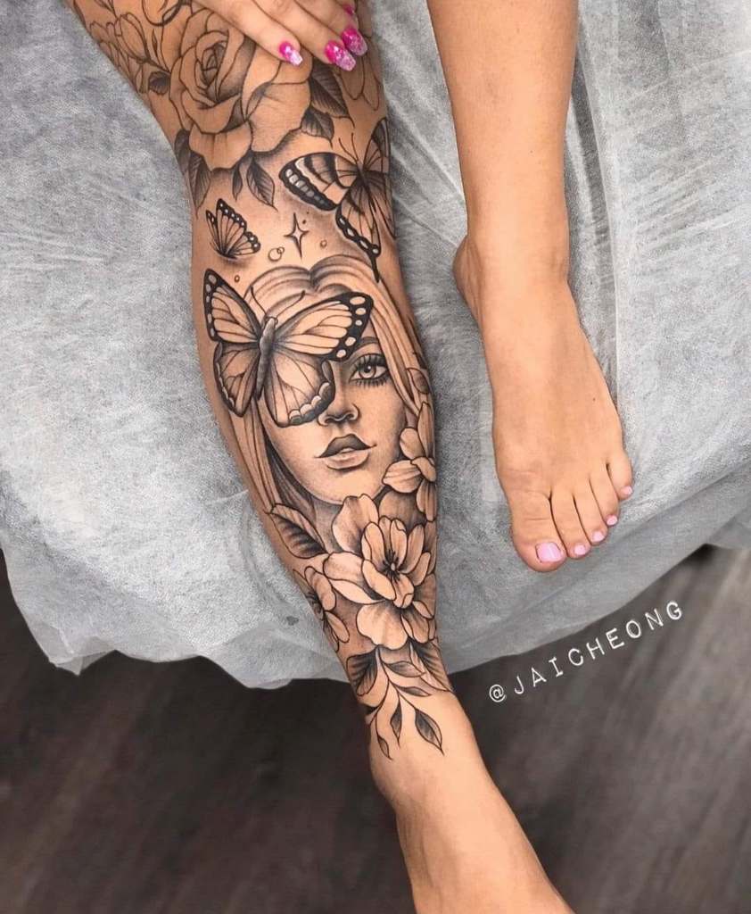 5 TOP 5 Jai Cheong Tattoo Vollständiges Werk eines Frauengesichts mit schwarzen Rosenblüten, Schmetterlingen auf Wade und Bein BlackWork