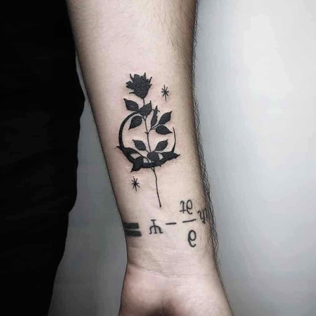 58 Black Tattoo Rose and half moon plus equation on wrist