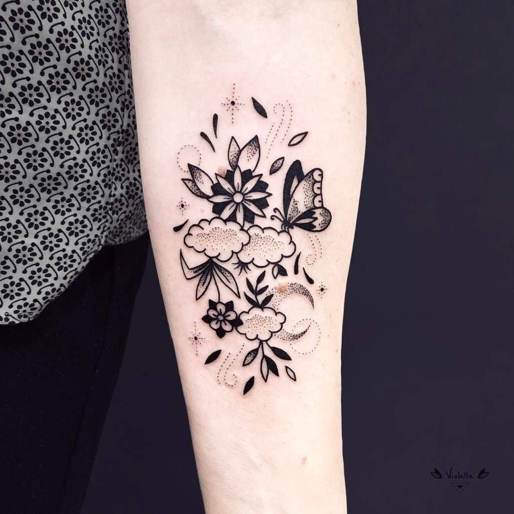 65 Tatuaggi neri Farfalla Fiori Punti di foglie sulle parti dell'avambraccio nel puntinismo