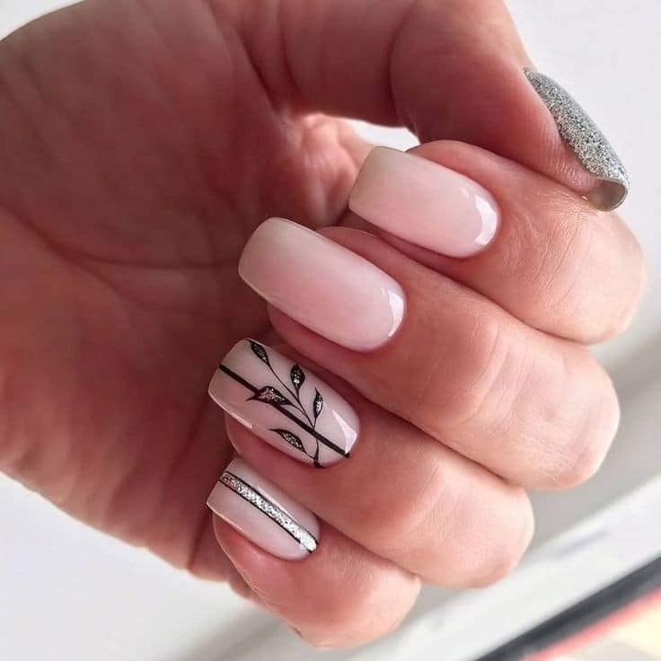 7 Elegant Pink Nails with black twigs and line with silver glitter
